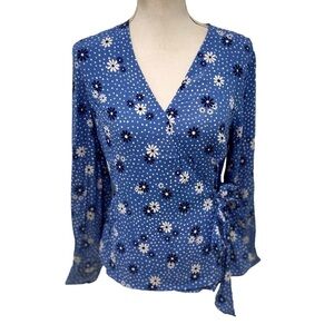 NWT Talbots poet sleeve faux wrap blouse daisy flower periwinkle blue medium pet